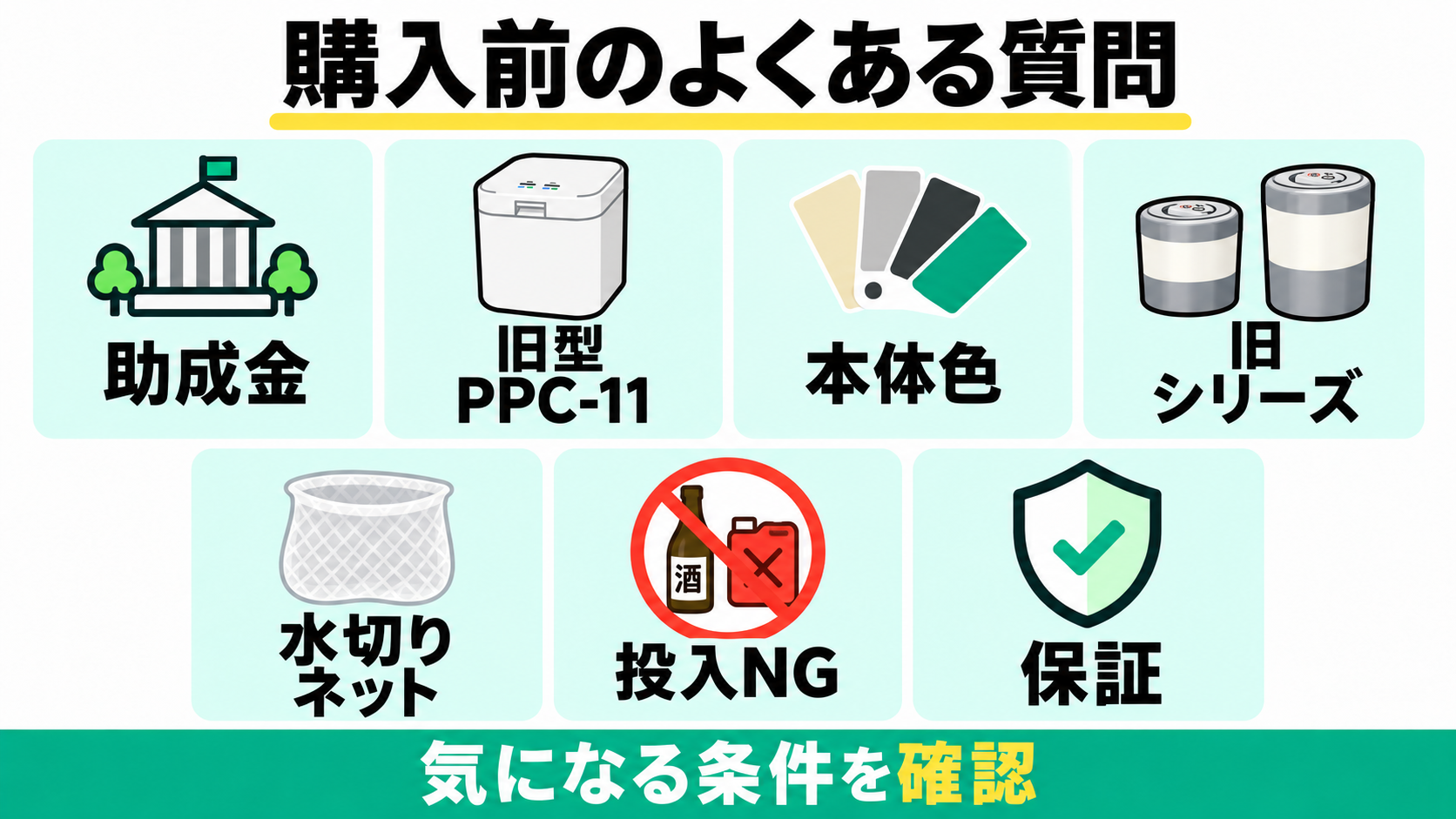助成金・旧型・色・旧シリーズ・水切りネット・投入NG・保証の確認項目