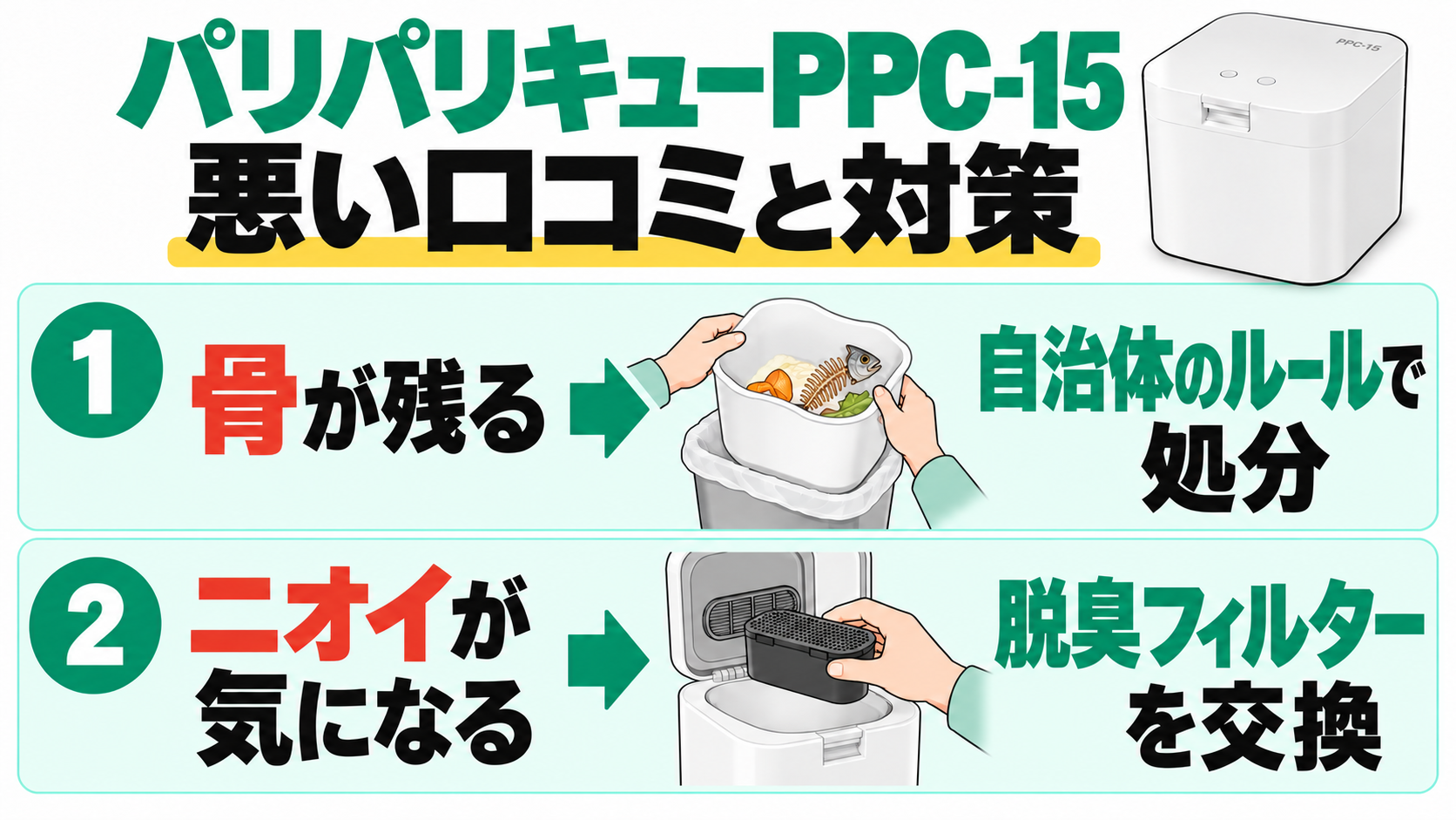 パリパリキュー PPC-15の悪い口コミと対策。残った骨は自治体のルールで処分し、においが気になる場合は脱臭フィルターの交換を確認する図解。