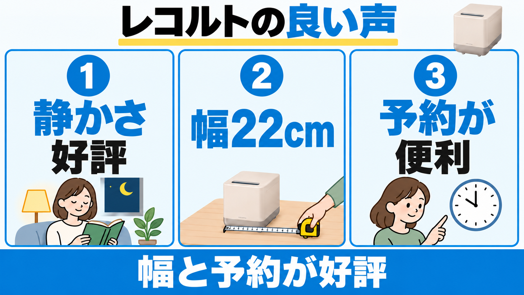 レコルトRDP-2の良い口コミは静かさの好評、幅22cm、予約の便利さ。