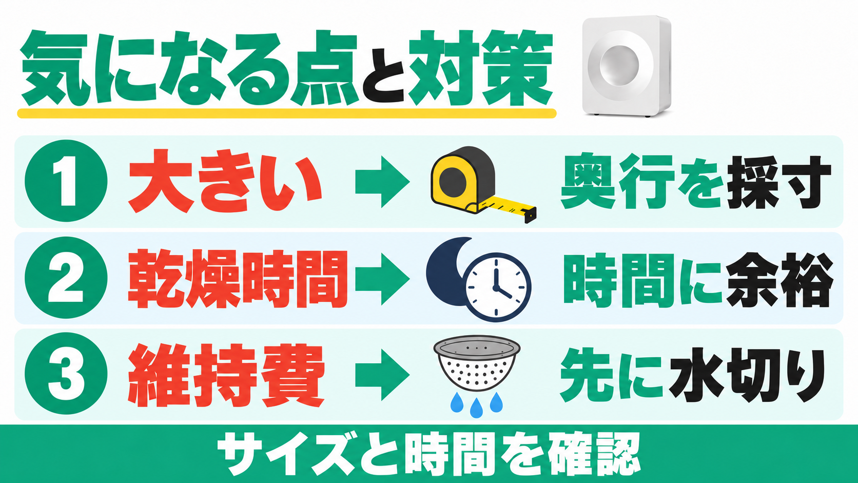 ルーフェンの気になる点への対策は、奥行を採寸し、乾燥時間に余裕を持ち、投入前に水切りすること。