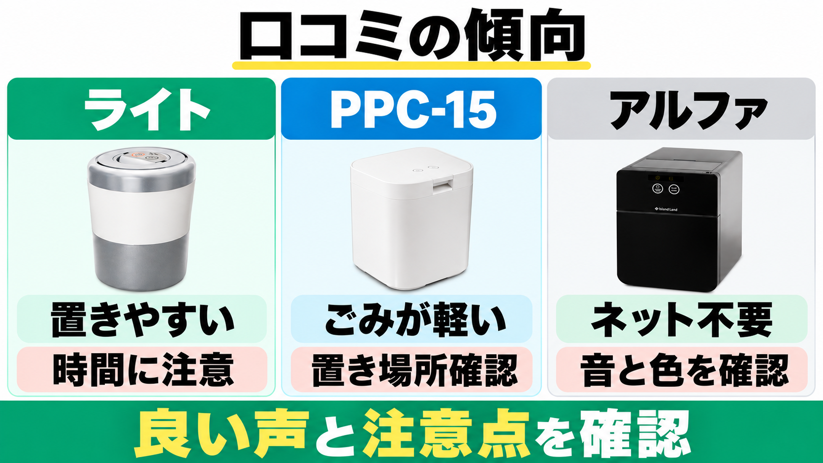 ライト・PPC-15・アルファそれぞれの良い口コミと注意点