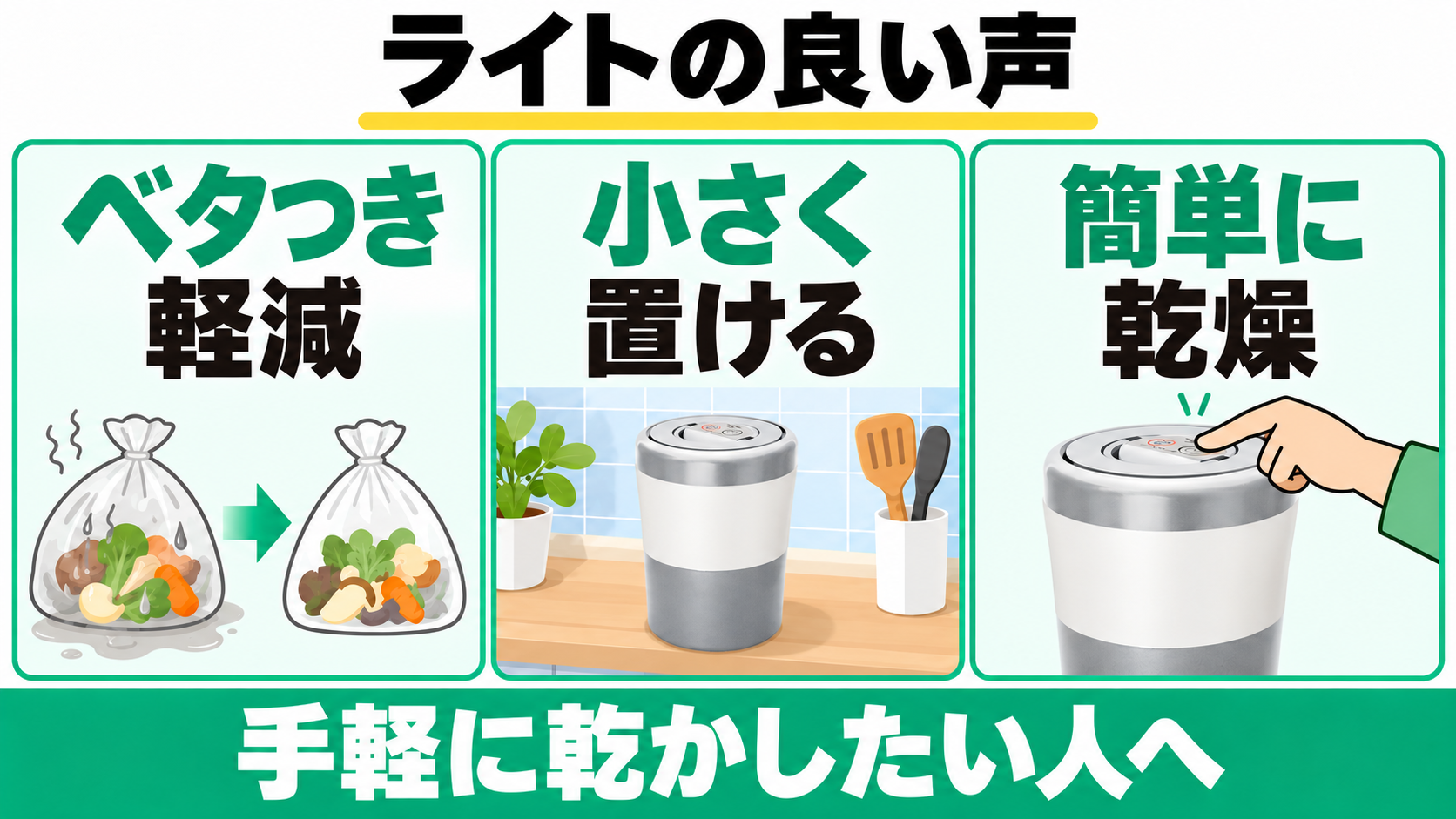 ライトの良い口コミはベタつき軽減、小さく置ける、簡単に乾燥