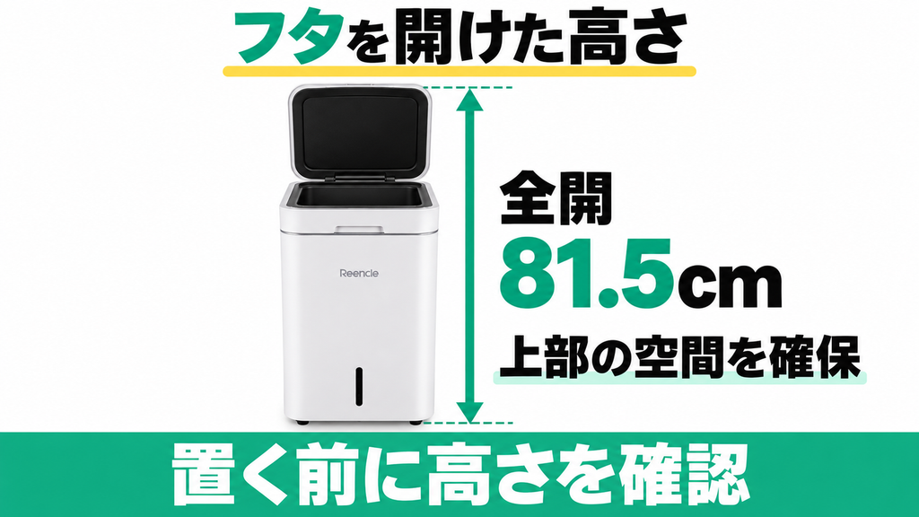 フタ全開時に高さ81.5cmが必要で棚下に置けない