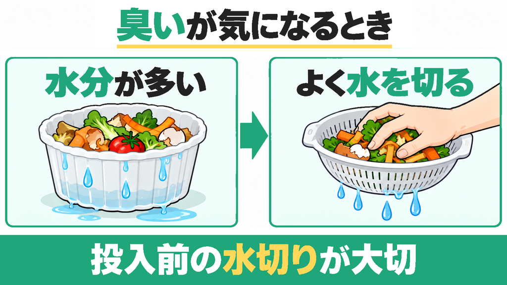水分が多い生ごみを入れると酸っぱい悪臭が充満する