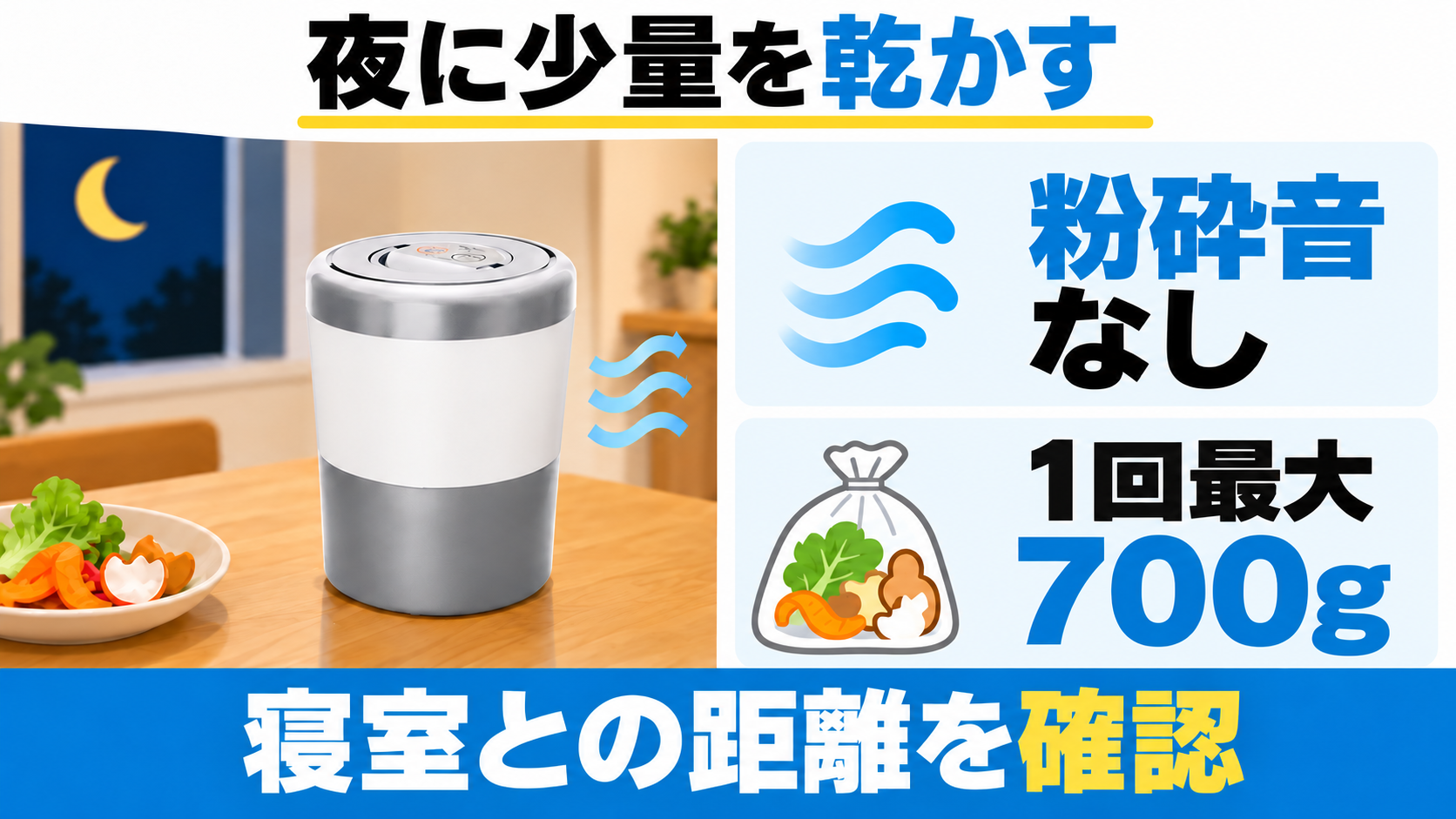 PCL-35は粉砕音がなく1回最大700gに対応。夜間に使う際は寝室との距離を確認する。
