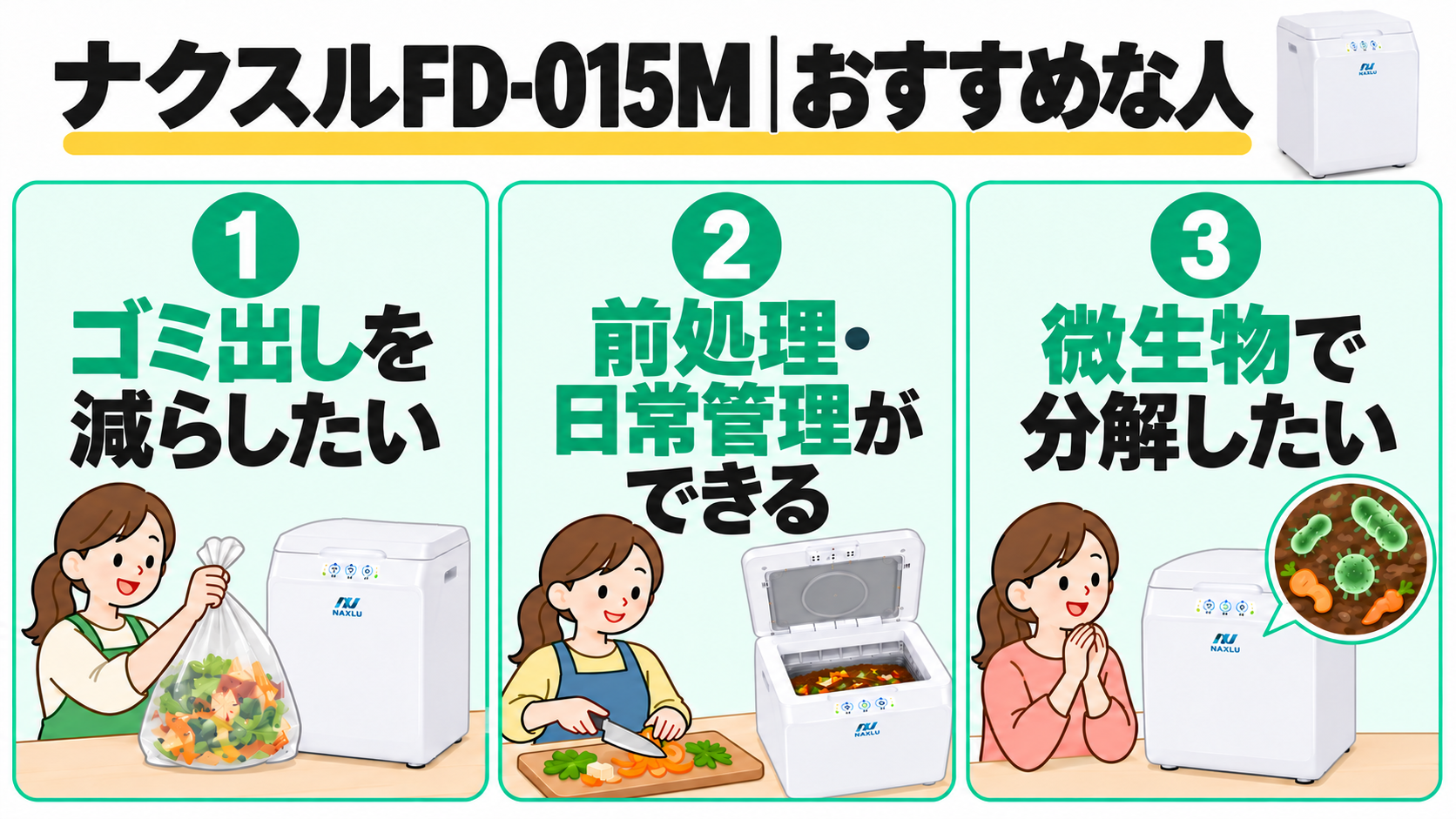 ナクスル FD-015Mがおすすめな人。ゴミ出しを減らしたい、前処理や日常管理ができる、微生物で分解したい人。