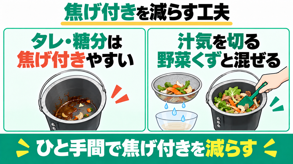 タレや糖分が多い生ごみを入れると底に焦げ付きが残る