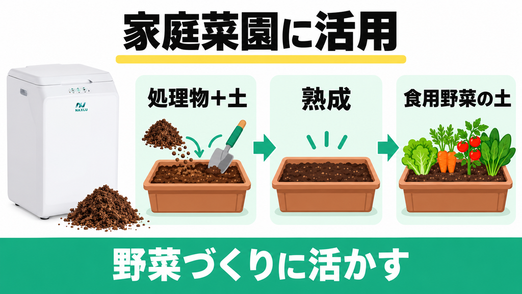 ナクスルFD-015Mの処理物は土に混ぜて熟成し家庭菜園の野菜づくりに活用できる