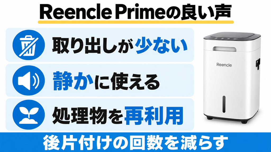 Reencle Primeの良い口コミは取り出し回数の少なさ、静音性、処理物の再利用が中心。