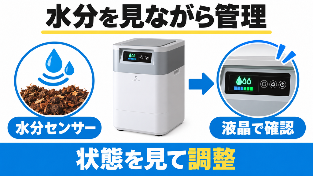 ワンニャクスルFD-020は水分センサーと液晶表示でバイオ材の状態を確認できる