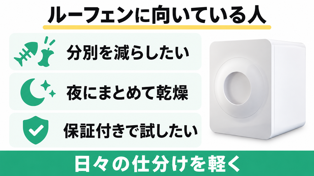 ルーフェンは分別を減らし、夜にまとめて乾燥し、返金保証付きで試したい人向け。