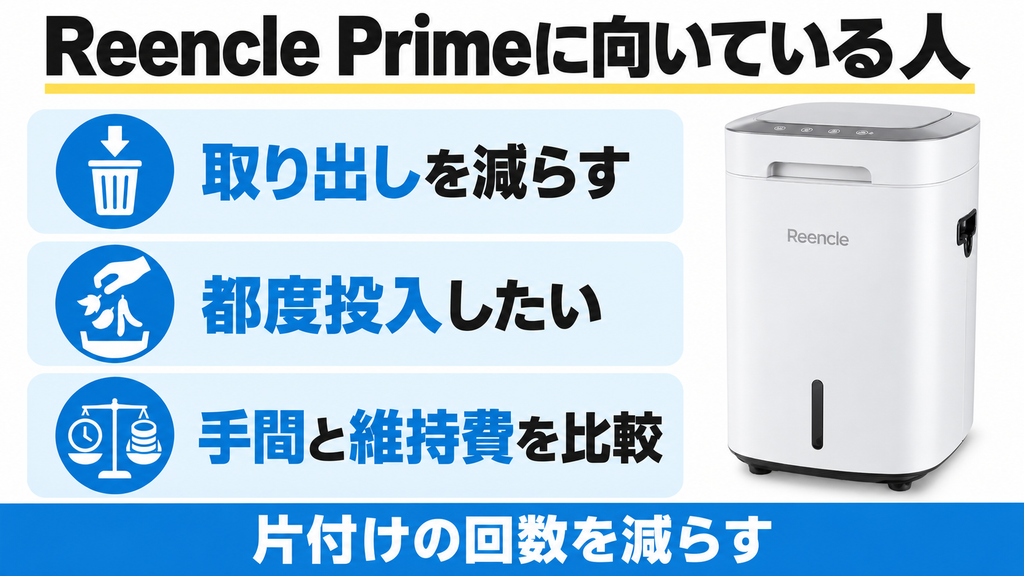 Reencle Primeは処理物の取り出しを減らし、生ごみを都度投入したい人向け。