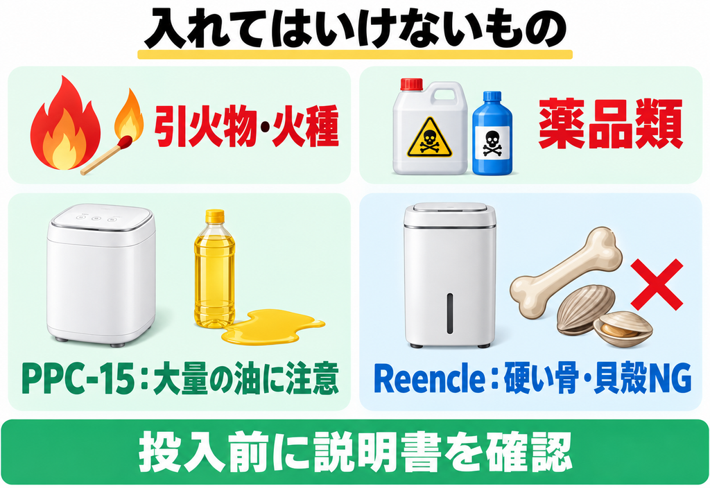 パリパリキューPPC-15とReencle Prime RC-02に共通する危険物と機種別の投入注意