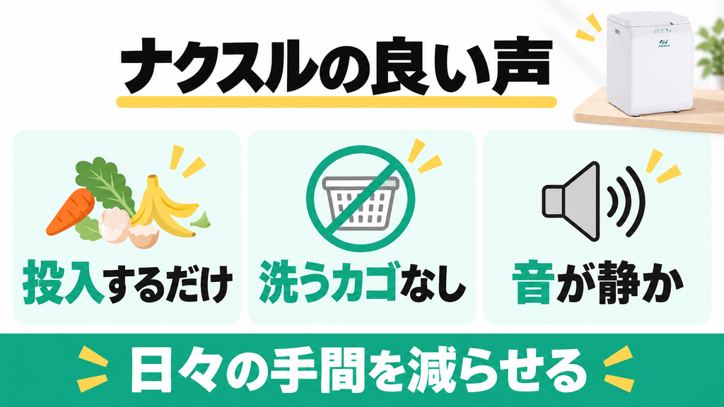 ナクスルFD-015Mの良い口コミは投入の手軽さ、カゴ洗い不要、静音性が中心
