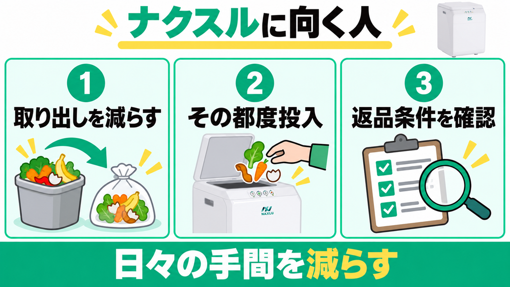 ナクスルFD-015Mは処理物の取り出し回数や日々の手間を減らしたい人向け