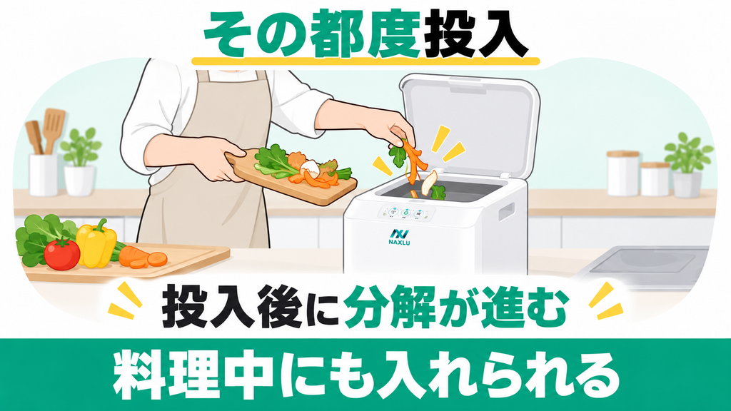 ナクスルFD-015Mは料理中に生ごみを追加投入でき、投入後に分解が進む