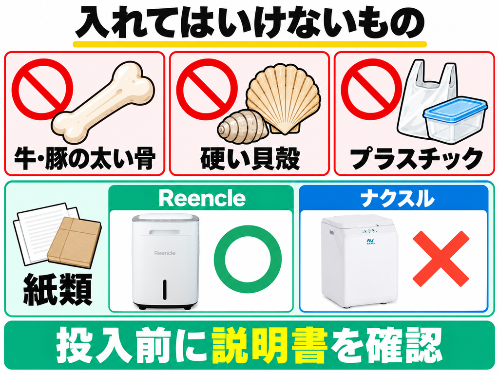 Reencle Prime RC-02とナクスルFD-015Mの共通NG品と紙類の投入可否
