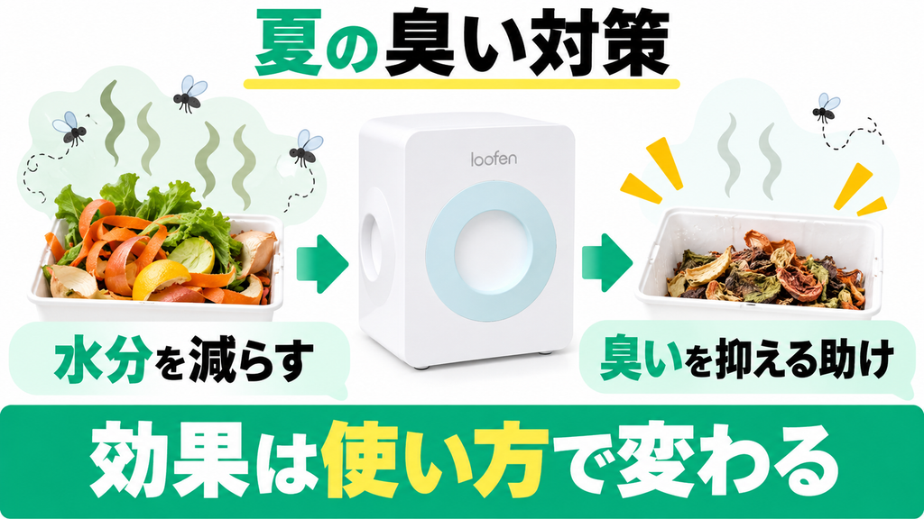 生ごみの乾燥で水分を減らし、夏場の臭い対策に役立てる流れ