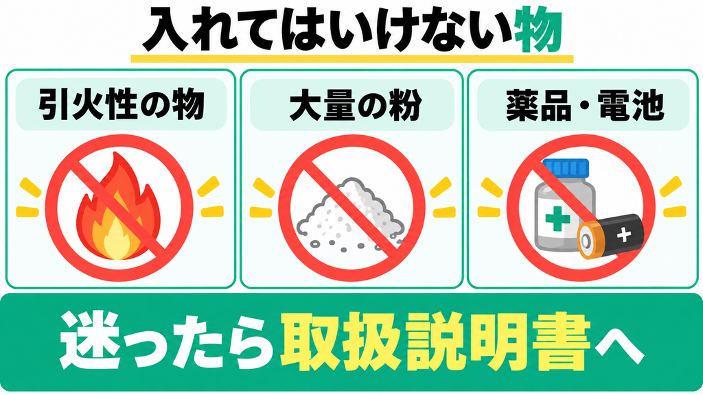生ごみ処理機に入れない引火性の物、大量の粉、薬品・電池などの注意
