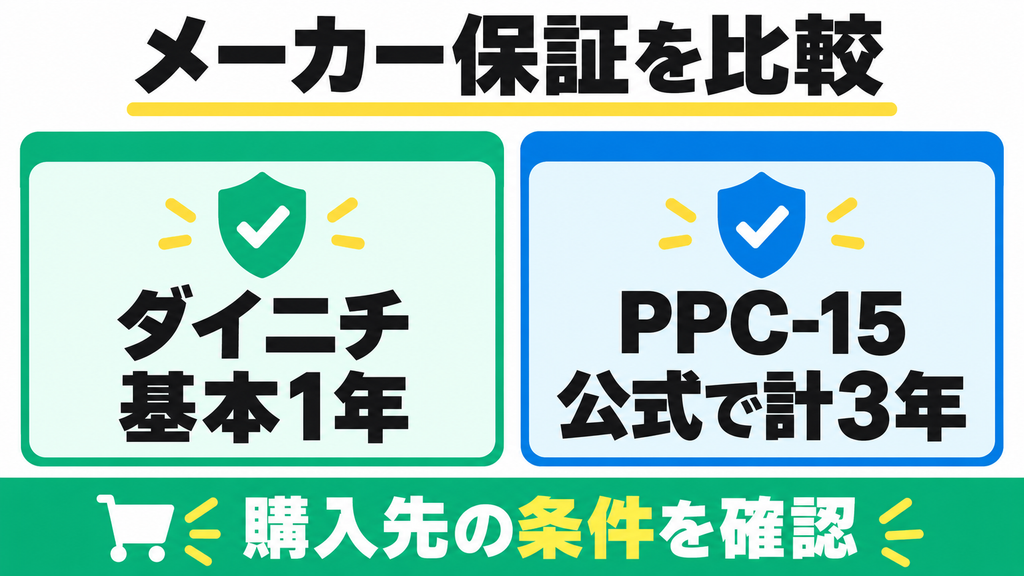 ダイニチGD-28Aは基本保証1年、PPC-15は対象の公式購入で合計3年の保証。