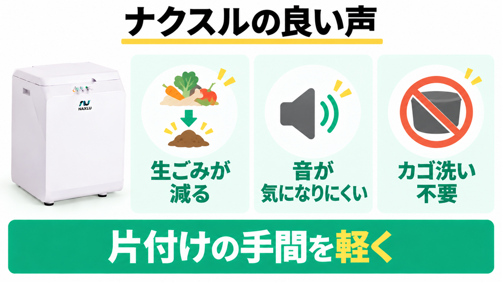 ナクスルFD-015Mは生ごみの減量、静かさ、内カゴ洗い不要が好評