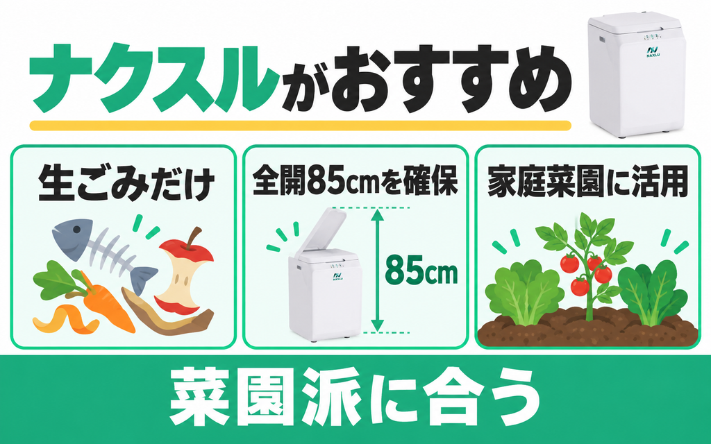 ナクスルFD-015Mは生ごみ専用で使い、全開85cmの場所と家庭菜園がある人向け